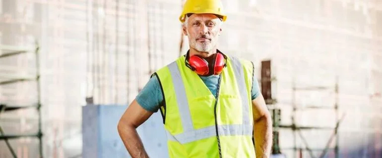 Portrait of confident male architect standing with hands on hips at construction site