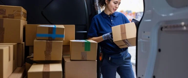 Courier checking the parcel for delivery